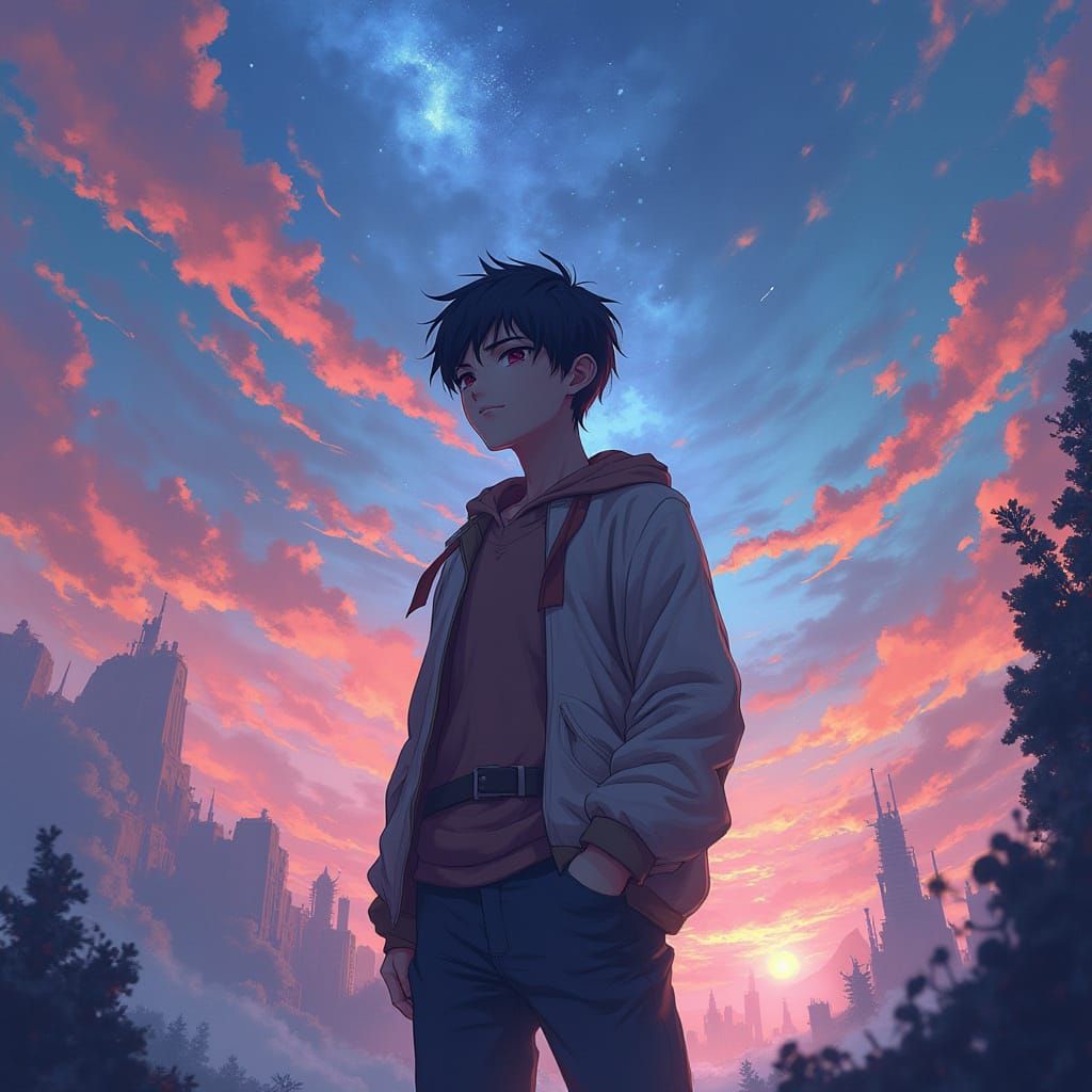 Anime Hero Stands Tall in Vibrant, Epic Landscape