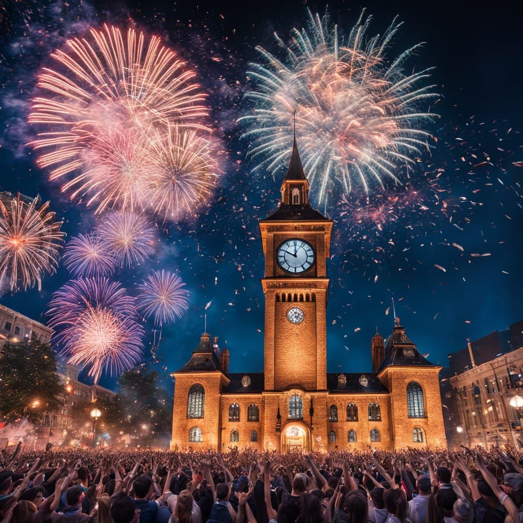 Joyful Crowd Cheers New Year in Vibrant Cityscape