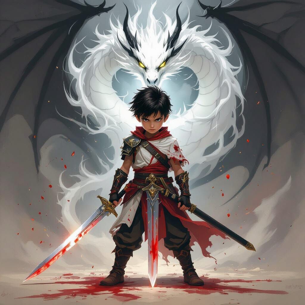 Young Warrior with Dragon Aura and Bloody Sword