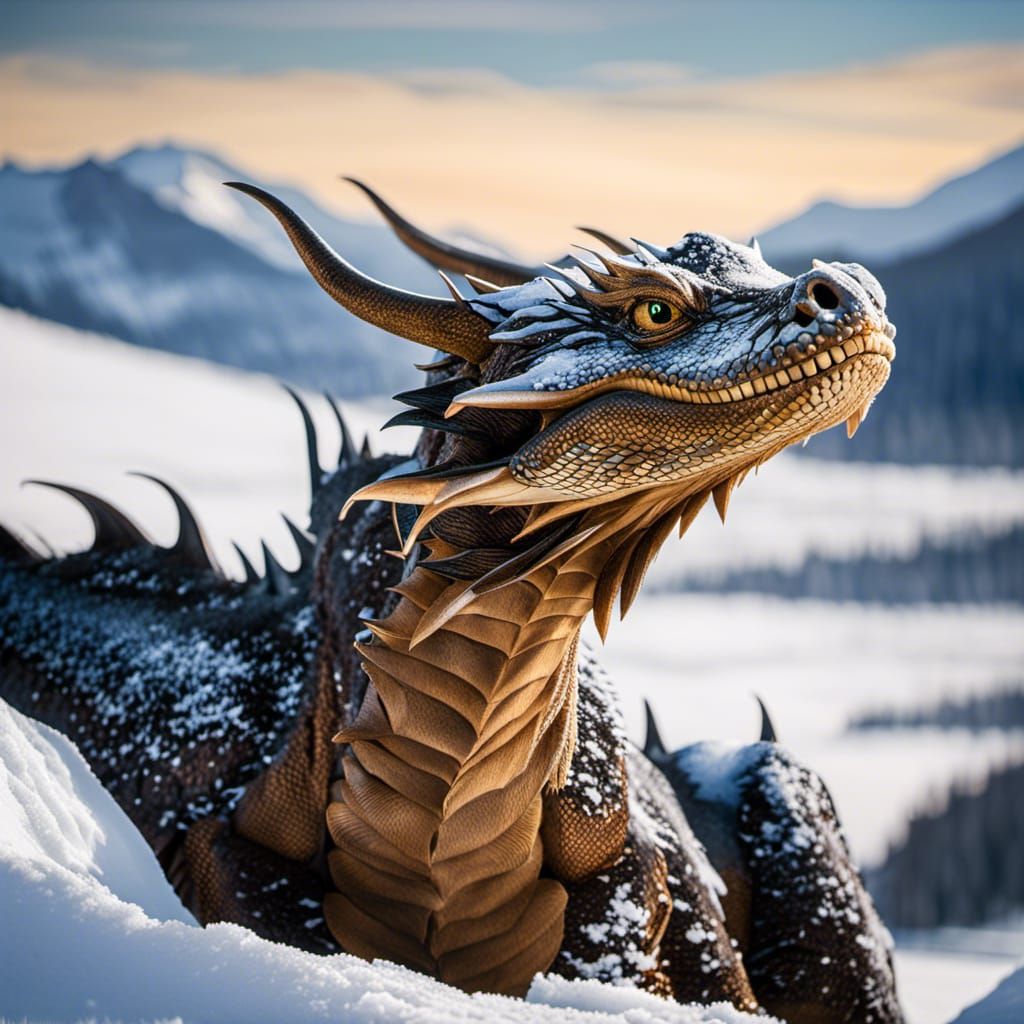 Dragon Portrait in Snowy Winter Landscape