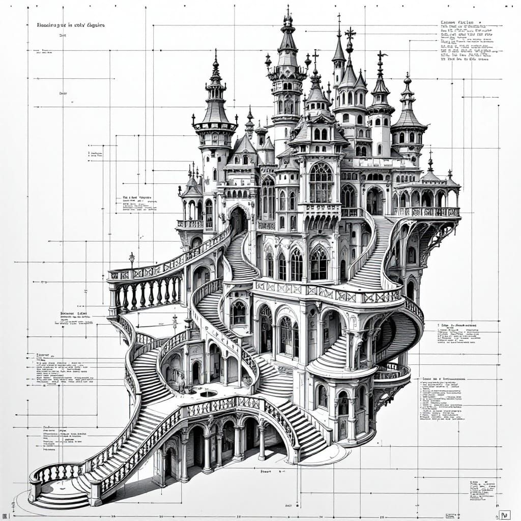 Escher-Inspired Architectural Blueprint with Impossible Stai...