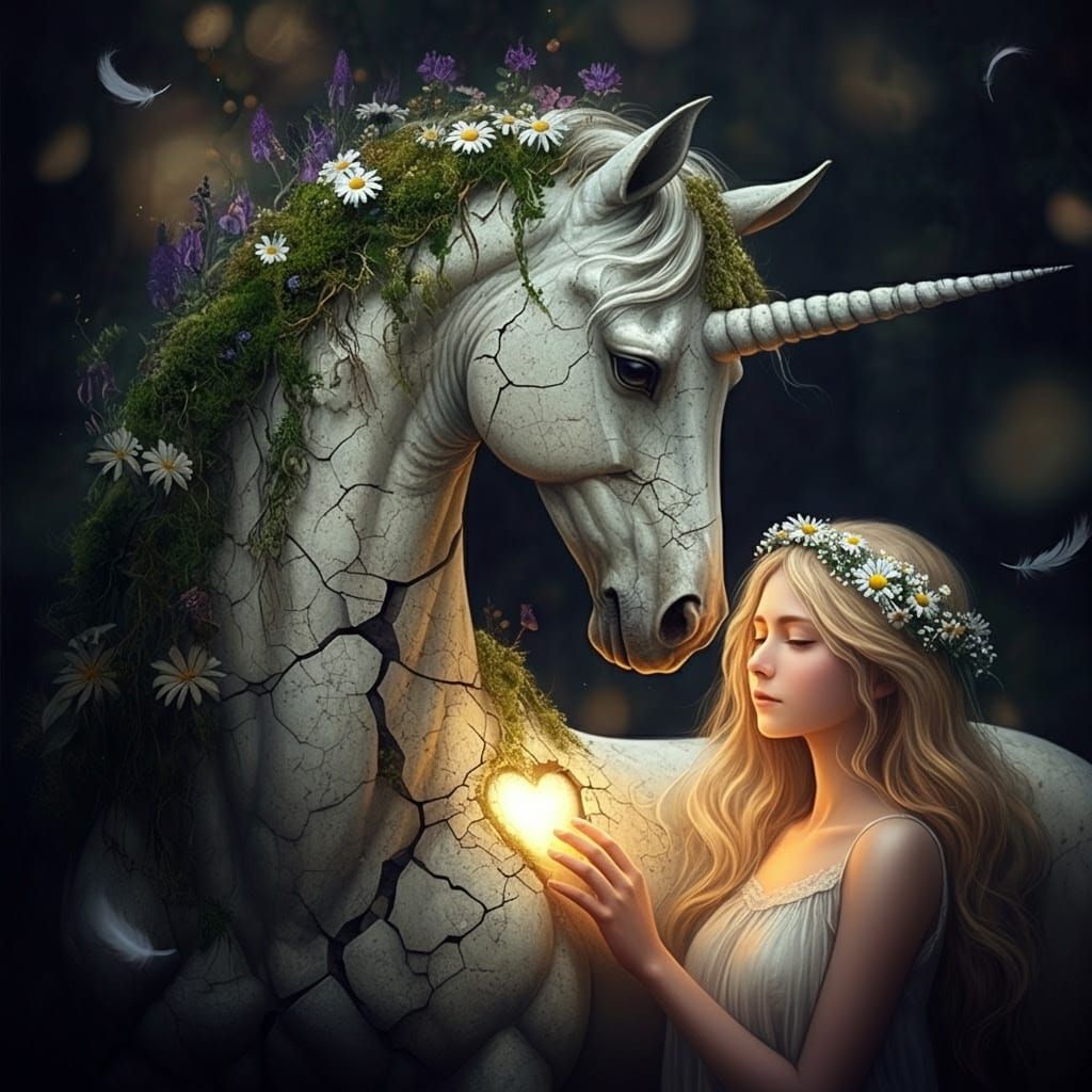 Whimsical Unicorn Dreamscape with Serene Young Woman