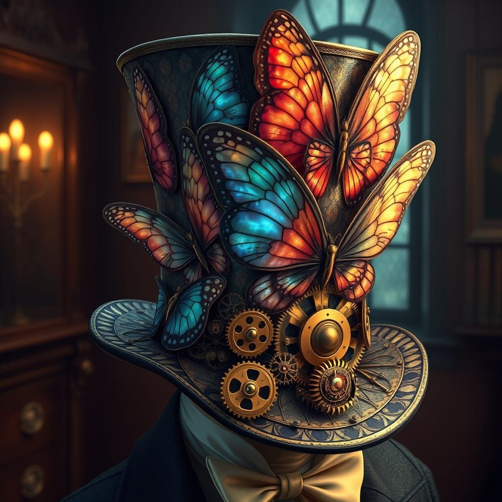 Steampunk Top Hat Made of Butterfly Wings and Gears