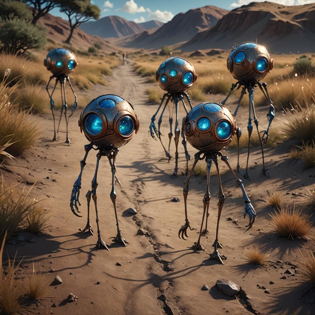 Fantasy Metal Creatures in Grassy Landscape