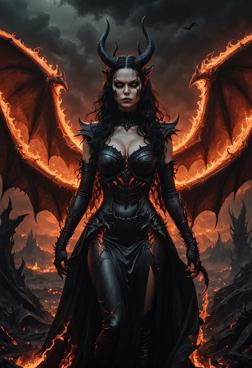 Gothic Demon Woman in Fiery Hellscape