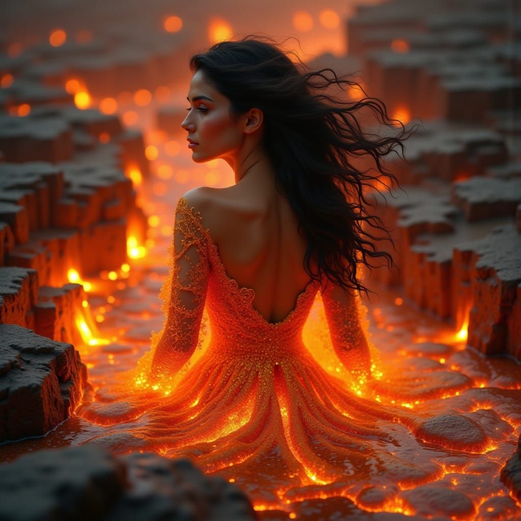Ethereal Woman Emerges from Lava in Majestic Evening Gown
