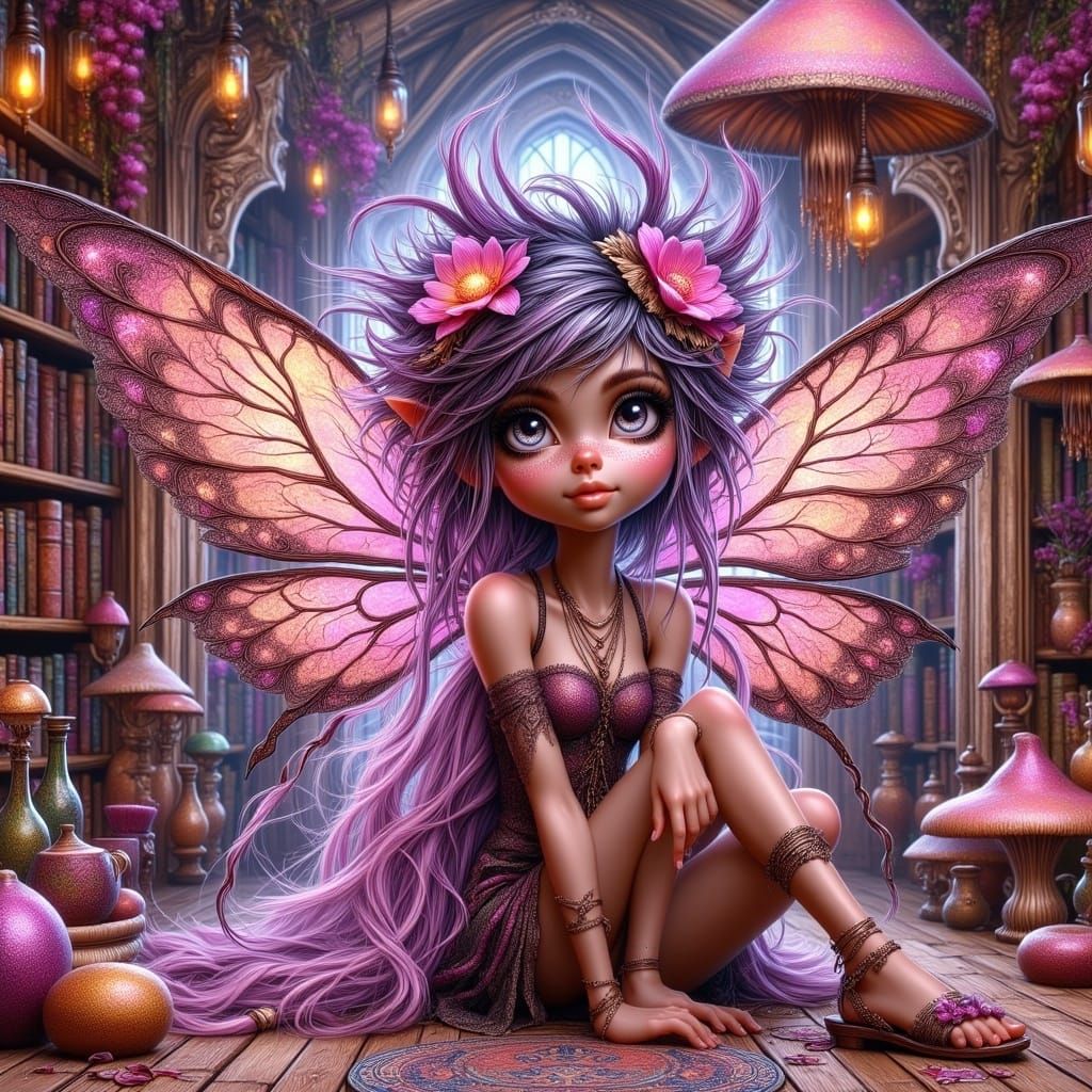 <lora:Punky Pixies:1.0> A lovely Nymph Fairy. Exhibiting iridescent holographic wings. Dressed in a striking Mulberry pu...