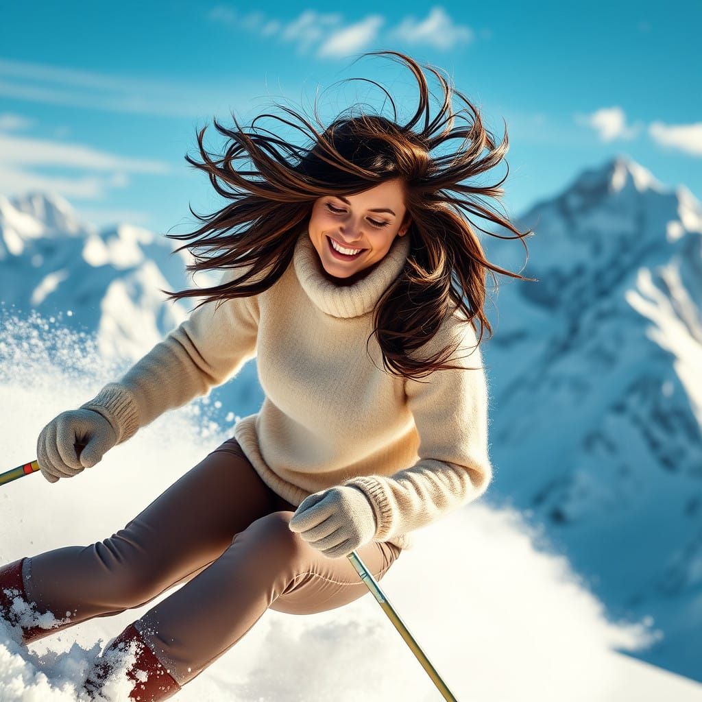Skiing Brunette Woman Speeds Down Majestic Mountain