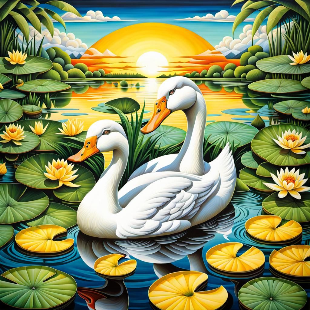 Cubist Duck and Swan Portrait on Lily Pad Lake