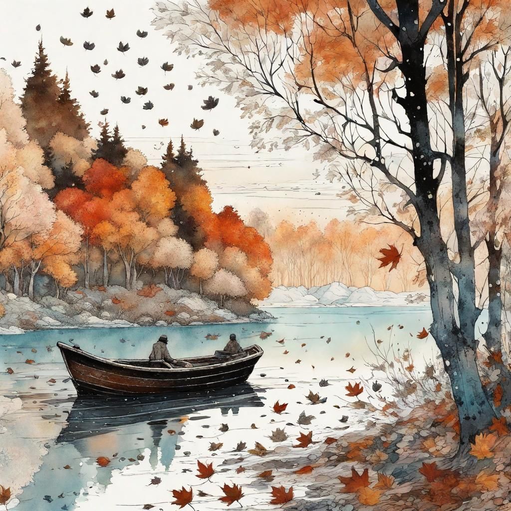Indian Summer Lake: Cartoon Ink Painting