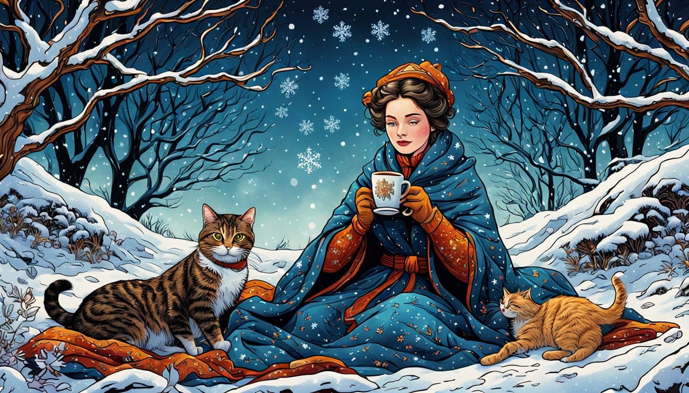 Whimsical Winter Picnic: Comic Book Style Illustration