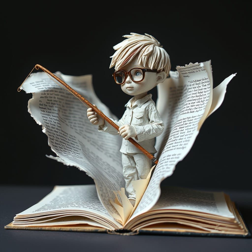 Paper Mosaic Boy Emerges from Book Pages in Whimsical Sculpt...