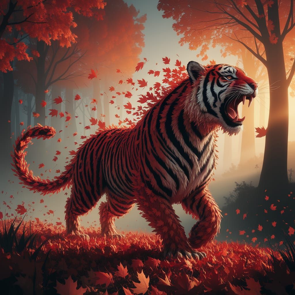 Autumn Leaf Tiger Roaring in Enchanted Forest