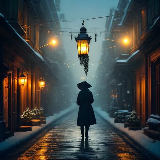 Surreal Christmas Night: Woman with Lantern