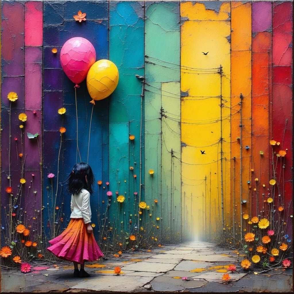 Poverty Girl With Balloon in Alcohol Ink Style