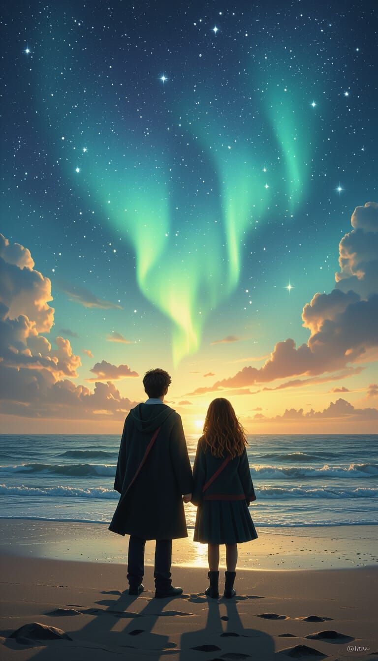 Harry Potter and Ginny Weasley Under Aurora, Hyperrealistic
