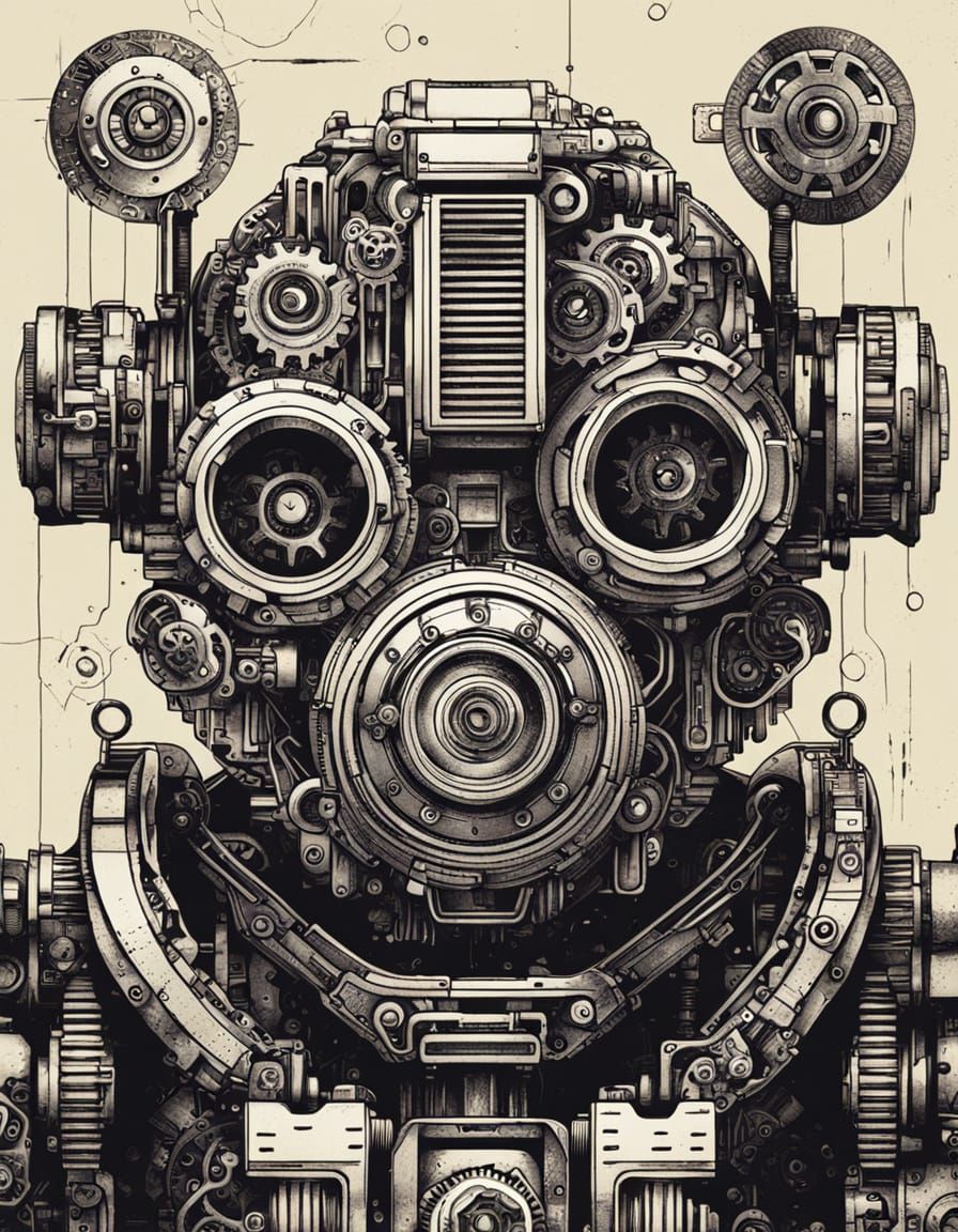 Vintage Ink Robot Holding Gears Illustration