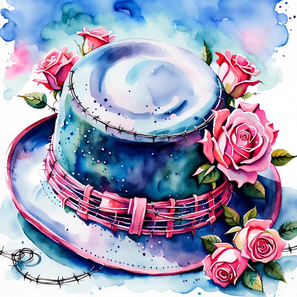 Pink Bowler Hat with Roses, Watercolor Art