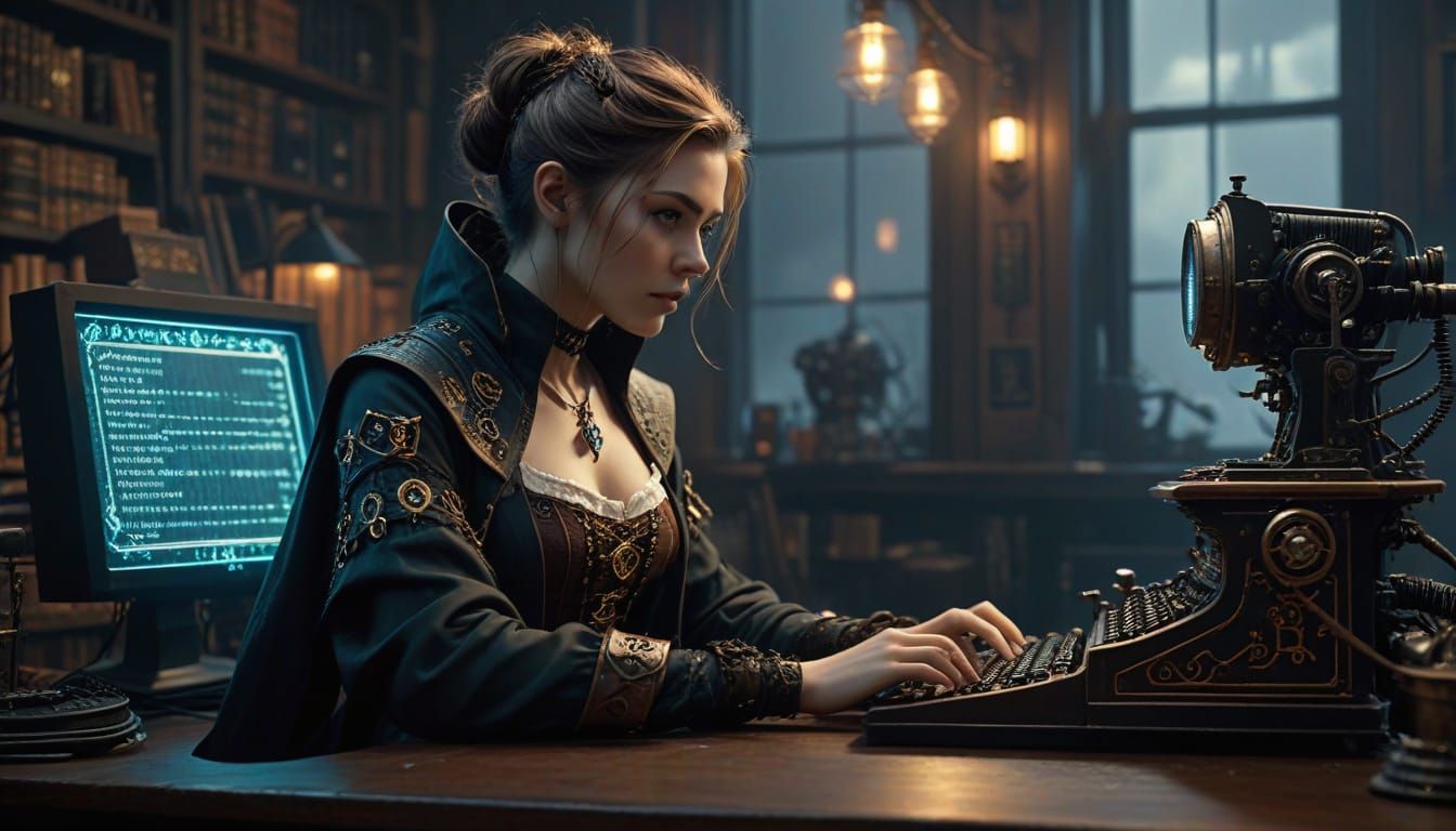 Wizard Programmer Typing on Steampunk Typewriter Computer