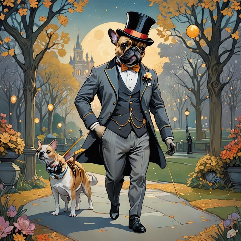 French Bulldog and Cat Stroll, Art Nouveau Style