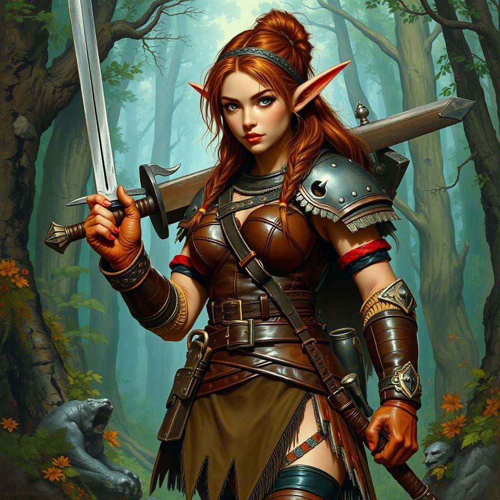Half-Elf Warrior in a Mystical Forest