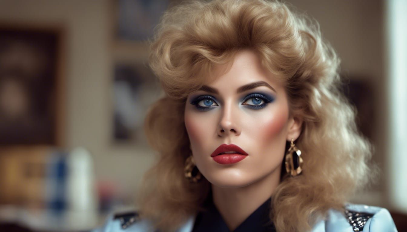 1986: A stylish secretary with blue eyeshadow, chunky plastic earrings, heavy makeup big, permed hair and teased bangs, ...