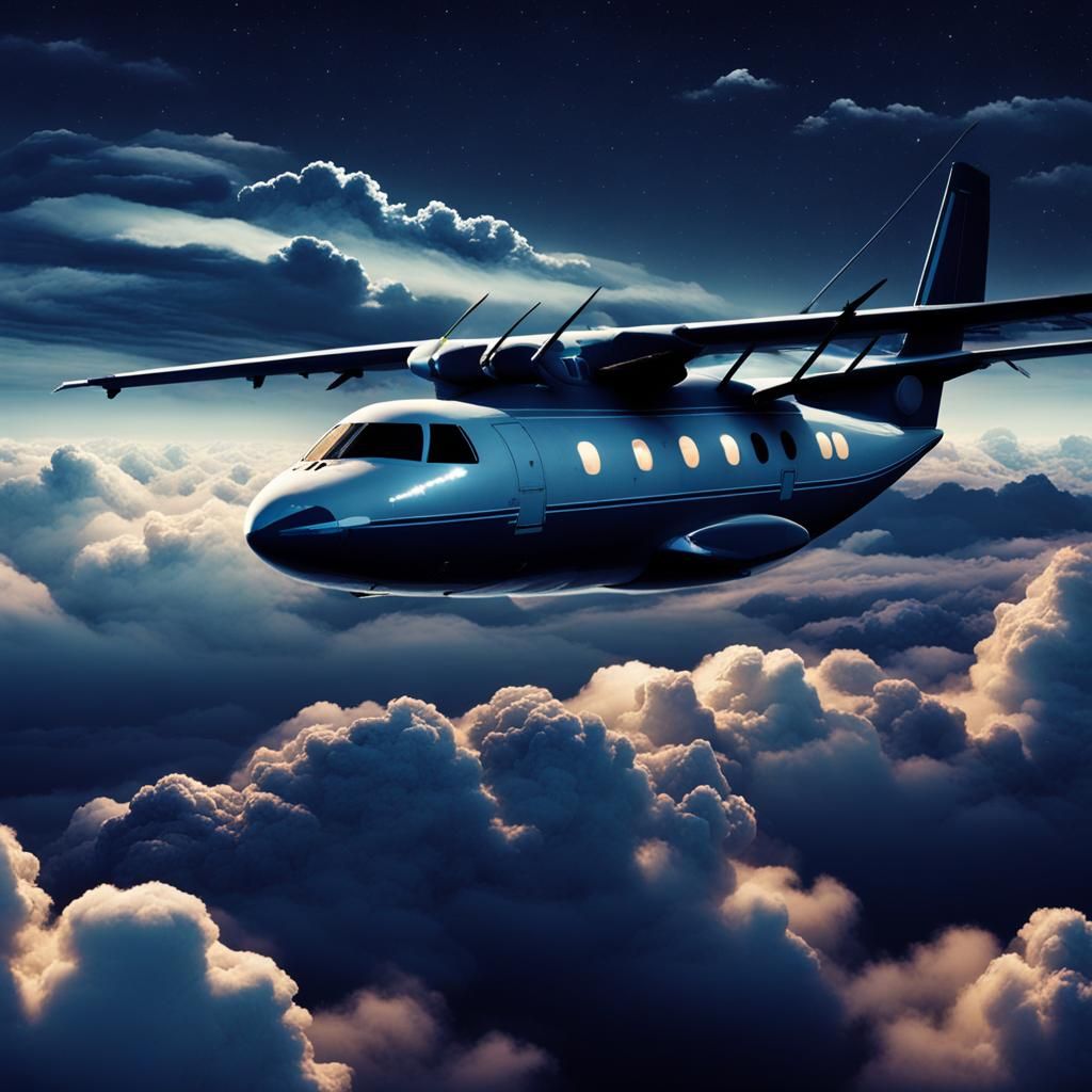Night Flight: Hyperrealistic Airplane in Clouds