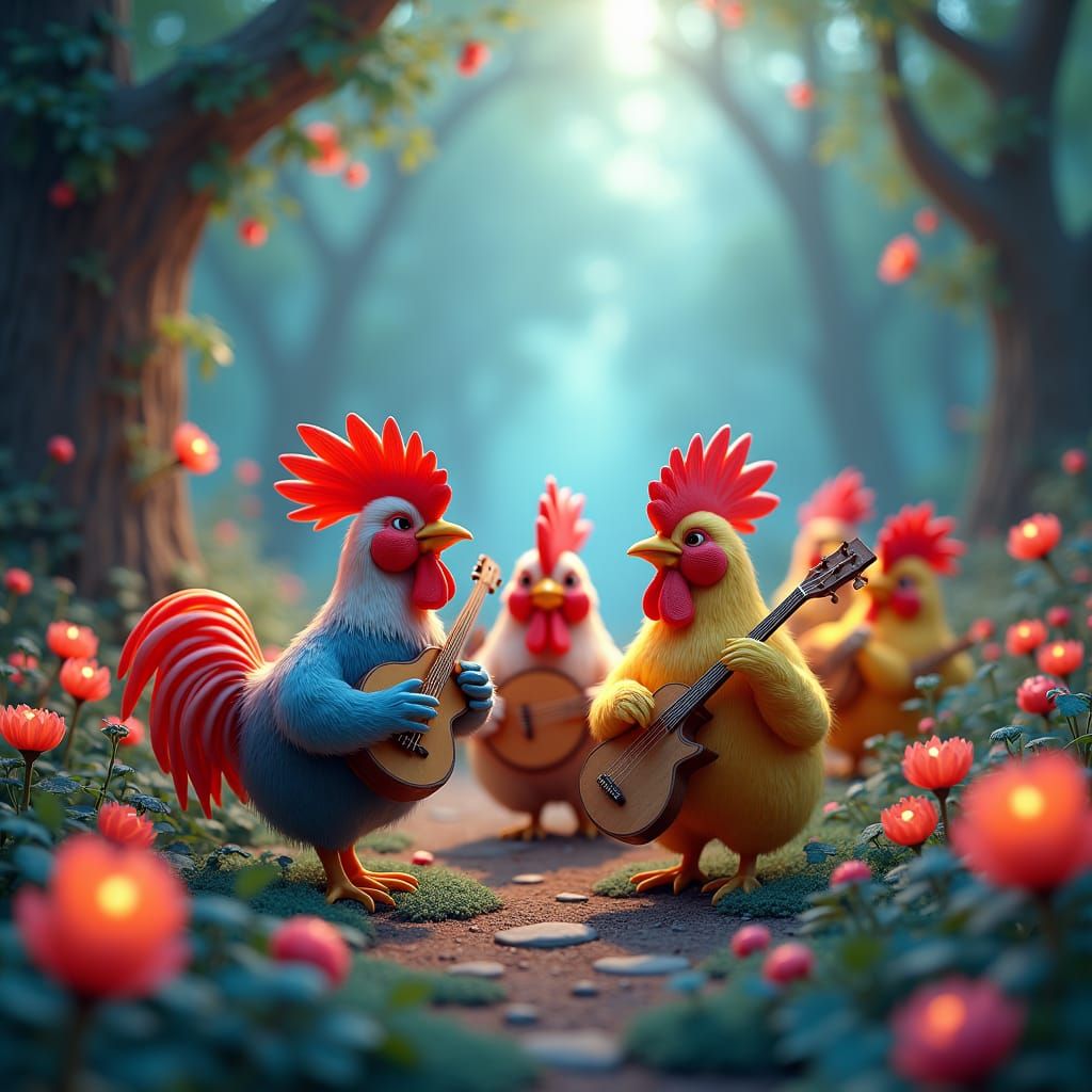Whimsical Chickens Play Music in Mystical Forest