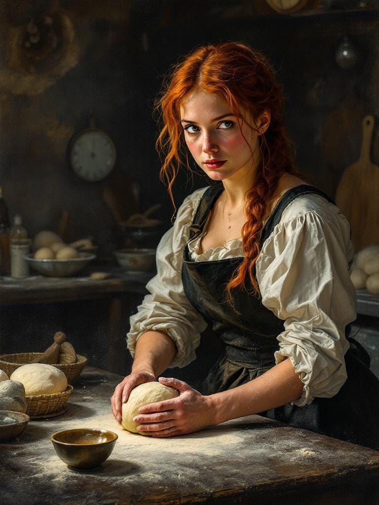 Redhead Baker Kneading Dough in Film Noir Style