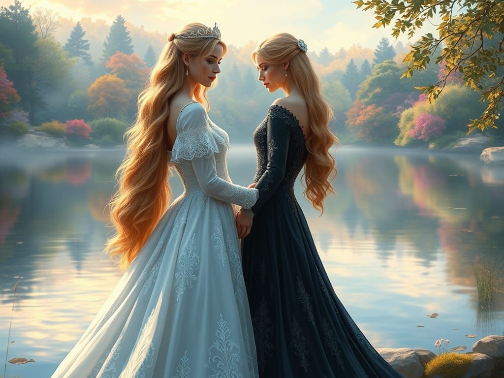 Regal Princesses in Enchanted Lakeside Scene