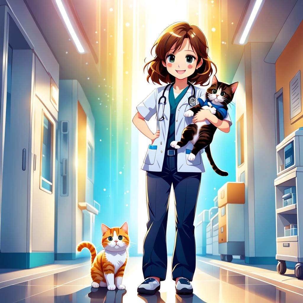 Cute Doctor with Cat in Anime Style