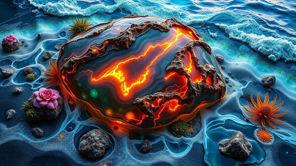 Neon Rocks on Black Sand in a Surreal Style