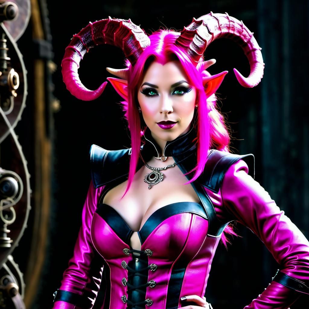 Steampunk Tiefling with Pink Skin and Long Tail