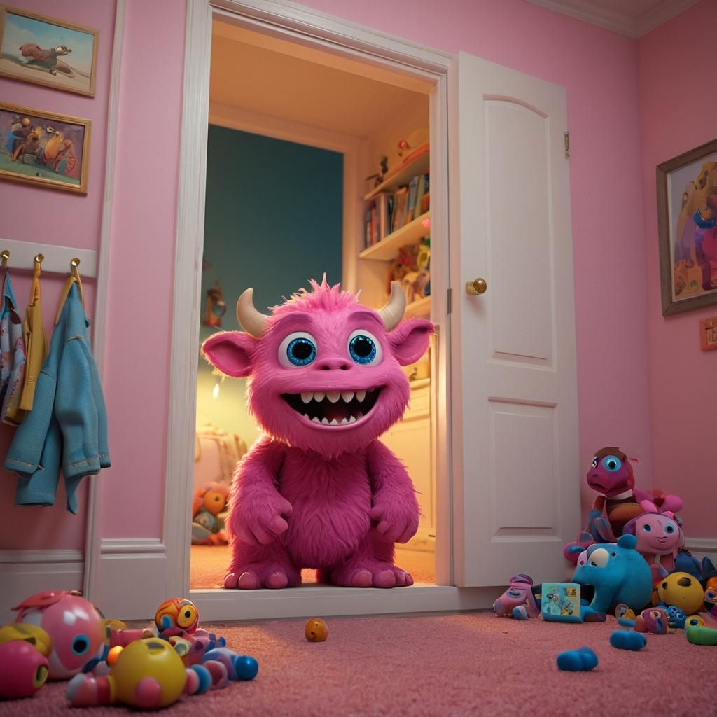 Cute Pink Monster Peek-a-Boo in Cozy Bedroom
