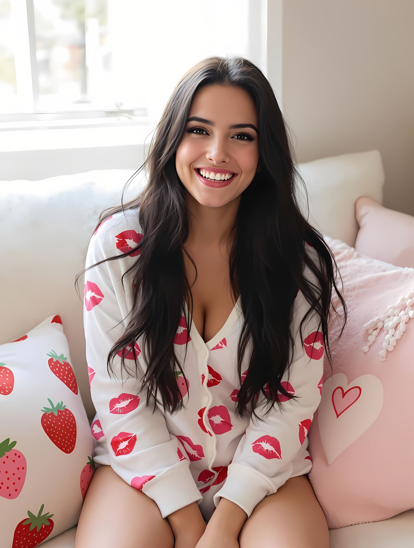 Young Woman Smiles Playfully in Cozy Indoor Setting