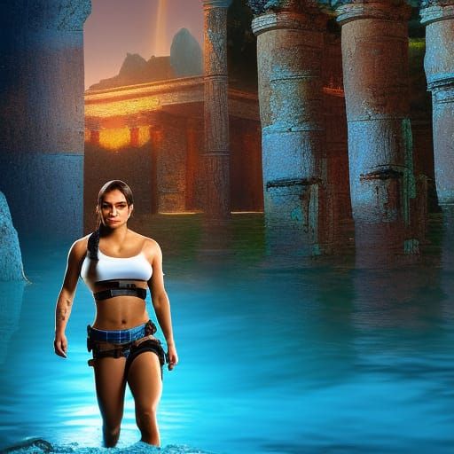 amazon mila kunis as muscled amazon lara croft wading through blue glowing water, bright white castle stones, 2 0 0 mm f...