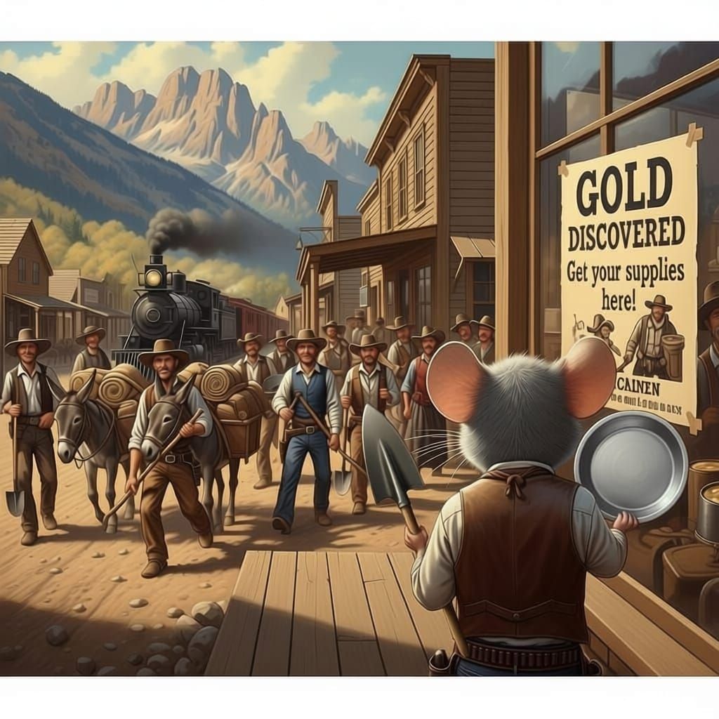 Old West Gold Rush Scene with Mouse Prospector