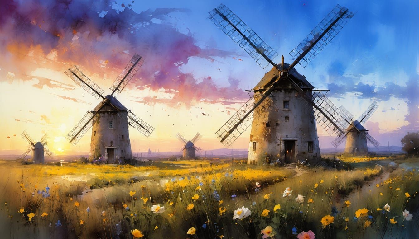 Watercolor Windmills at Sunset with Dramatic Light