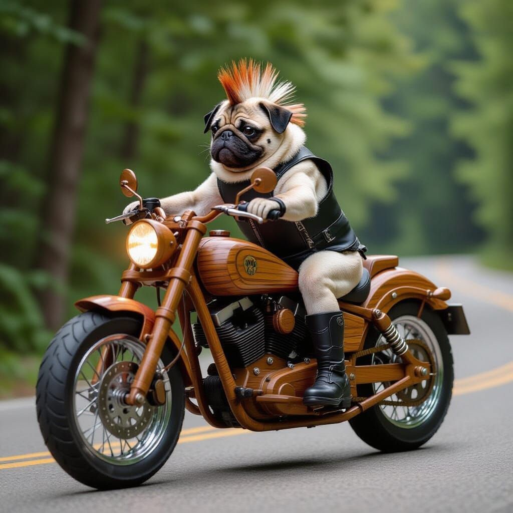 Mohawk Pug Rides Wooden Motorcycle