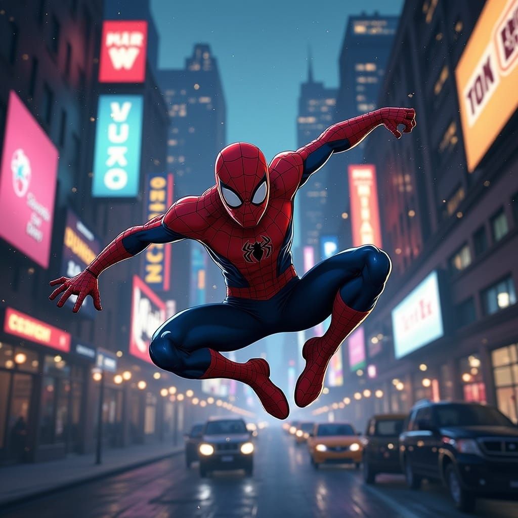 Spider-Man Swings Through NYC At Dusk