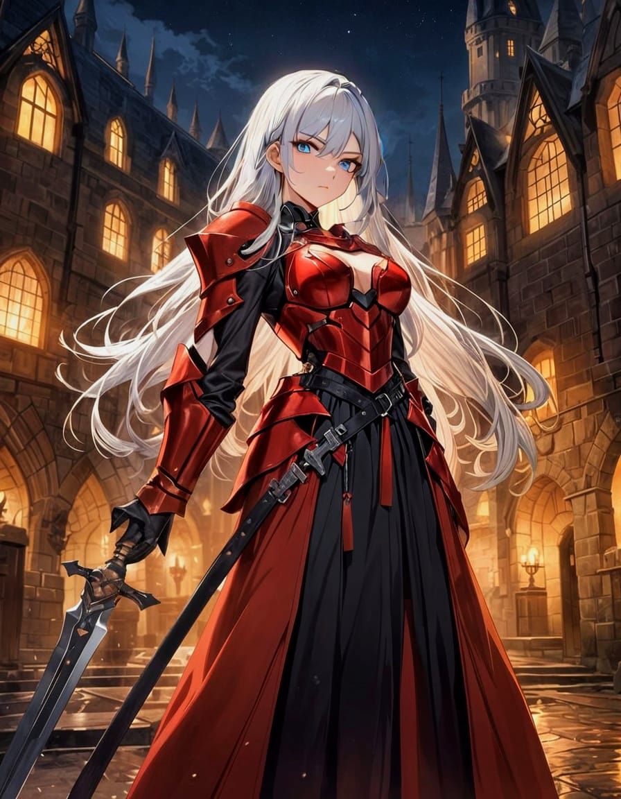 Elegant Red Knightess Stands Guard Under Starry Night