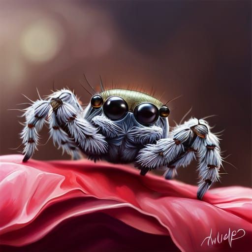 Adorable Jumping Spider in Photorealistic Oil Painting