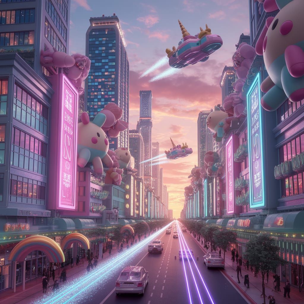 Kawaii Cyberpunk Cityscape with Plush Toys and Rainbow Light...