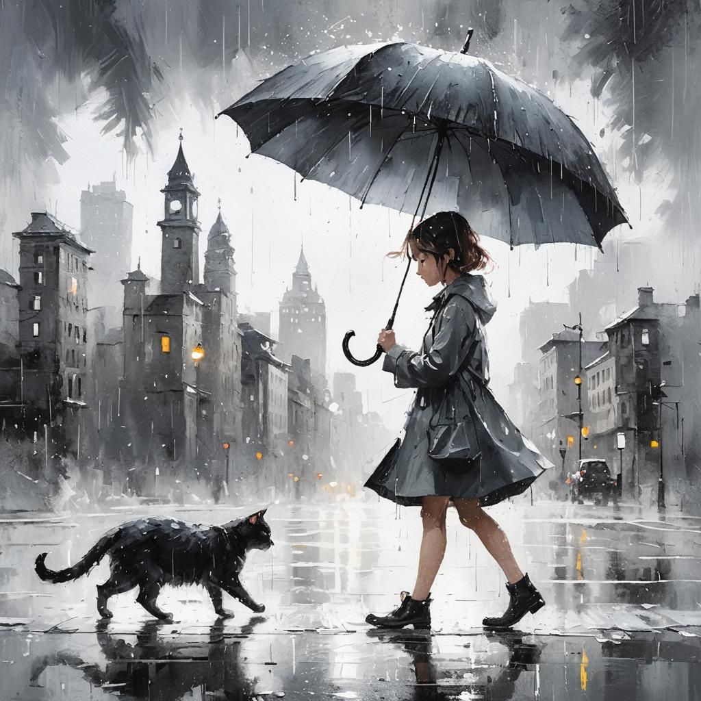Girl, Cat, and Umbrella in Minimalist Oil Painting
