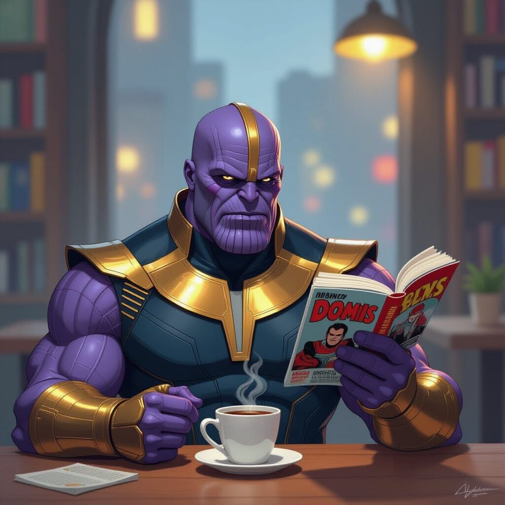 Thanos Reading DC Comics with a Coffee
