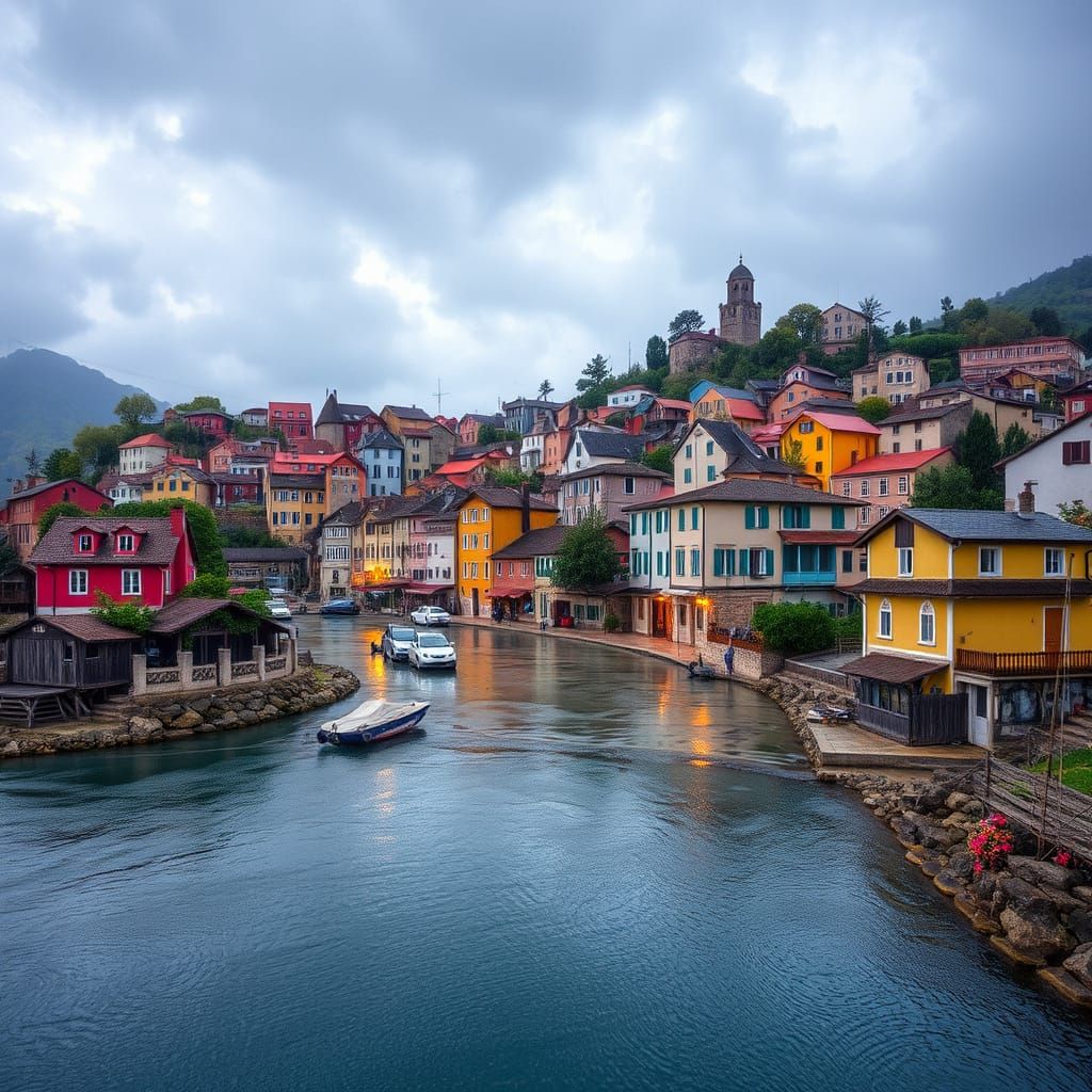 Vibrant Village Under Dramatic Stormy Skies