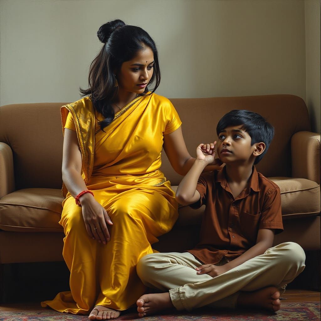 Indian Woman Admonishes Boy in Dramatic Oil Painting
