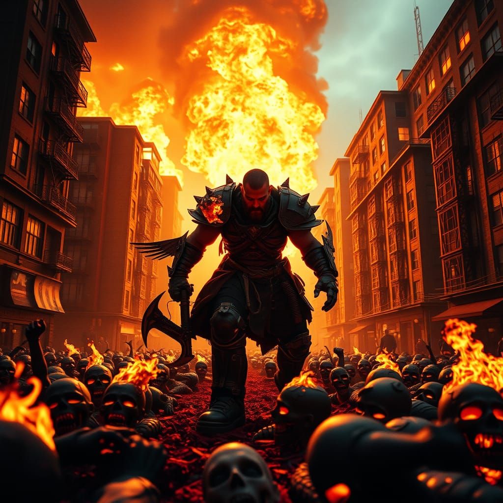 Armored Figure Purges Zombie City with Fire