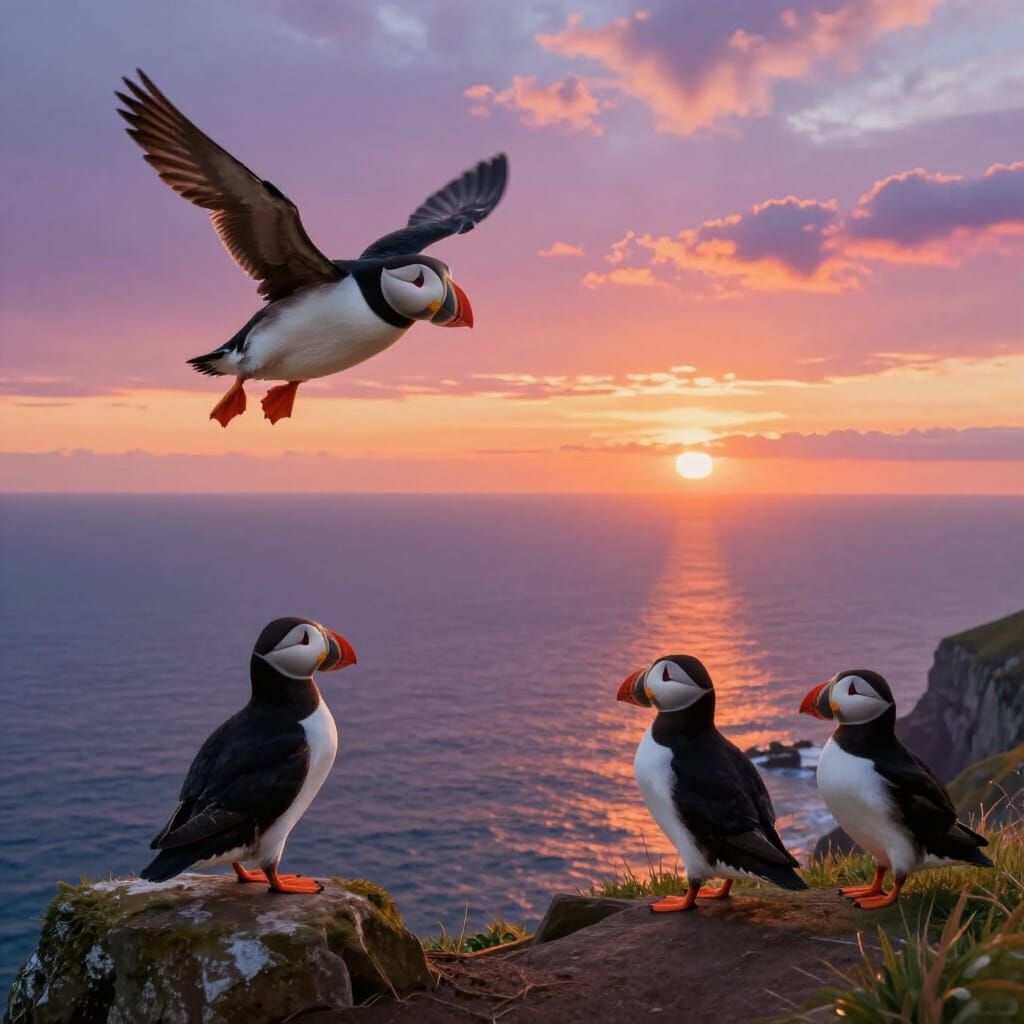 Puffins at Sunset on Coastal Island