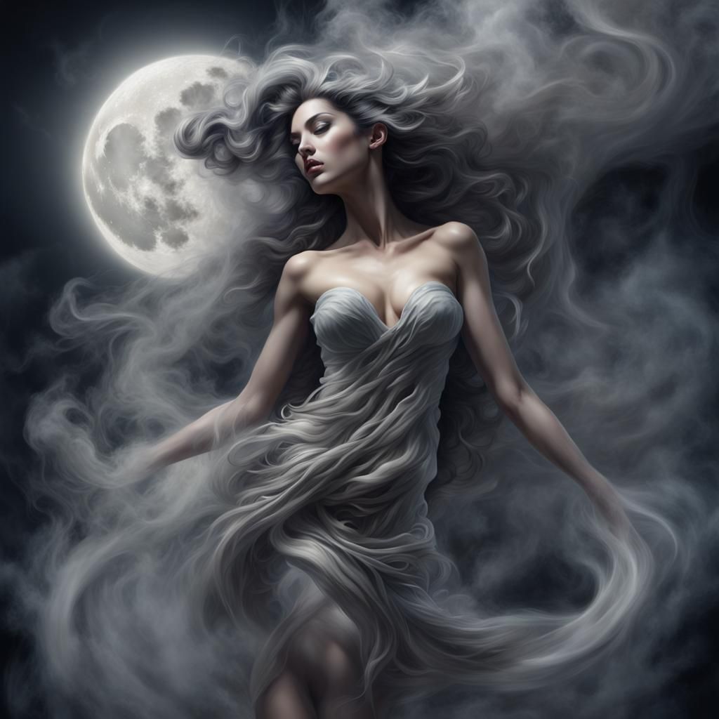 Mystical Moon Deity Emerges from Smoke Wisps